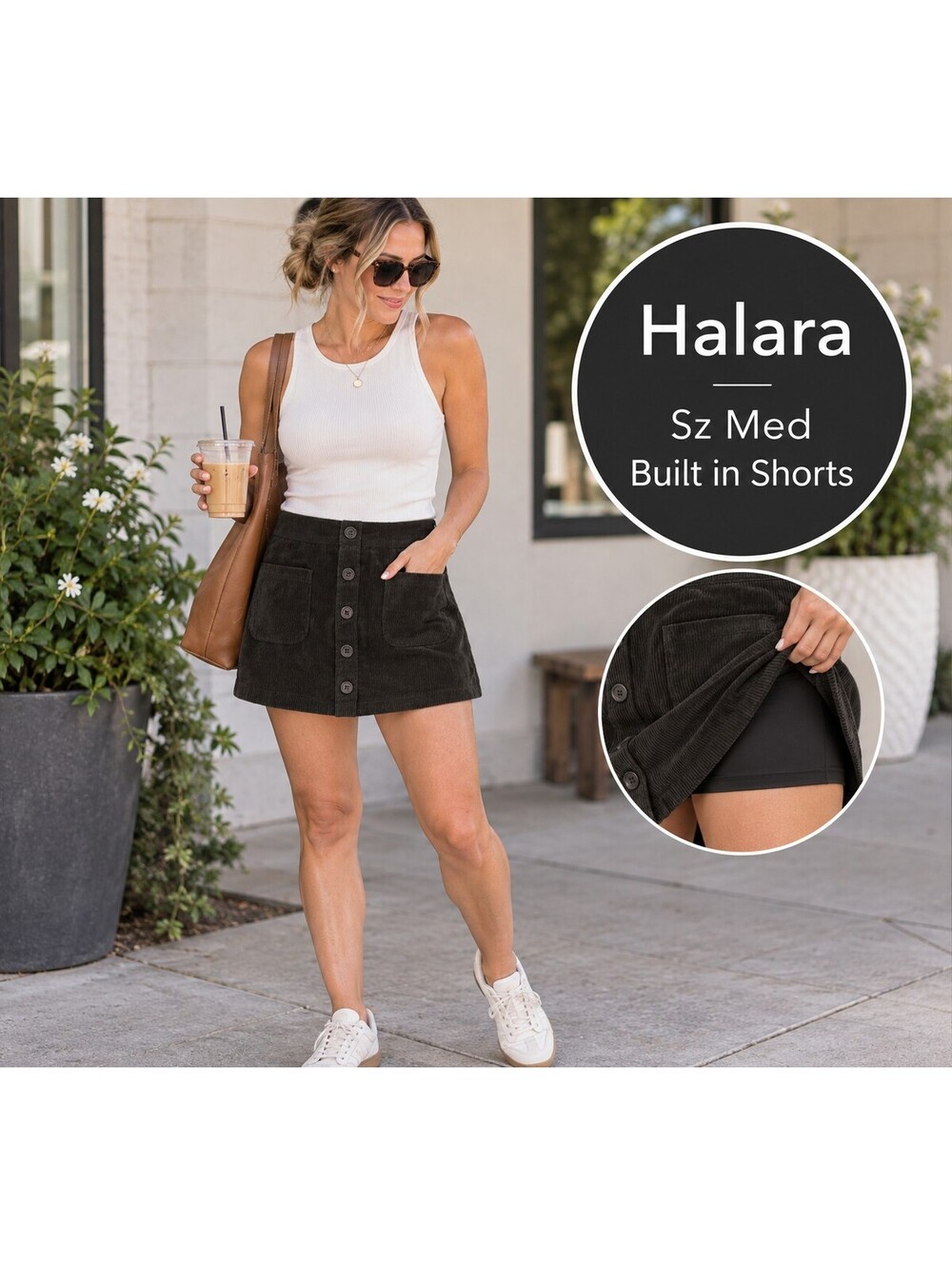 Halara | M | Black Corduroy Button-Front Skort
